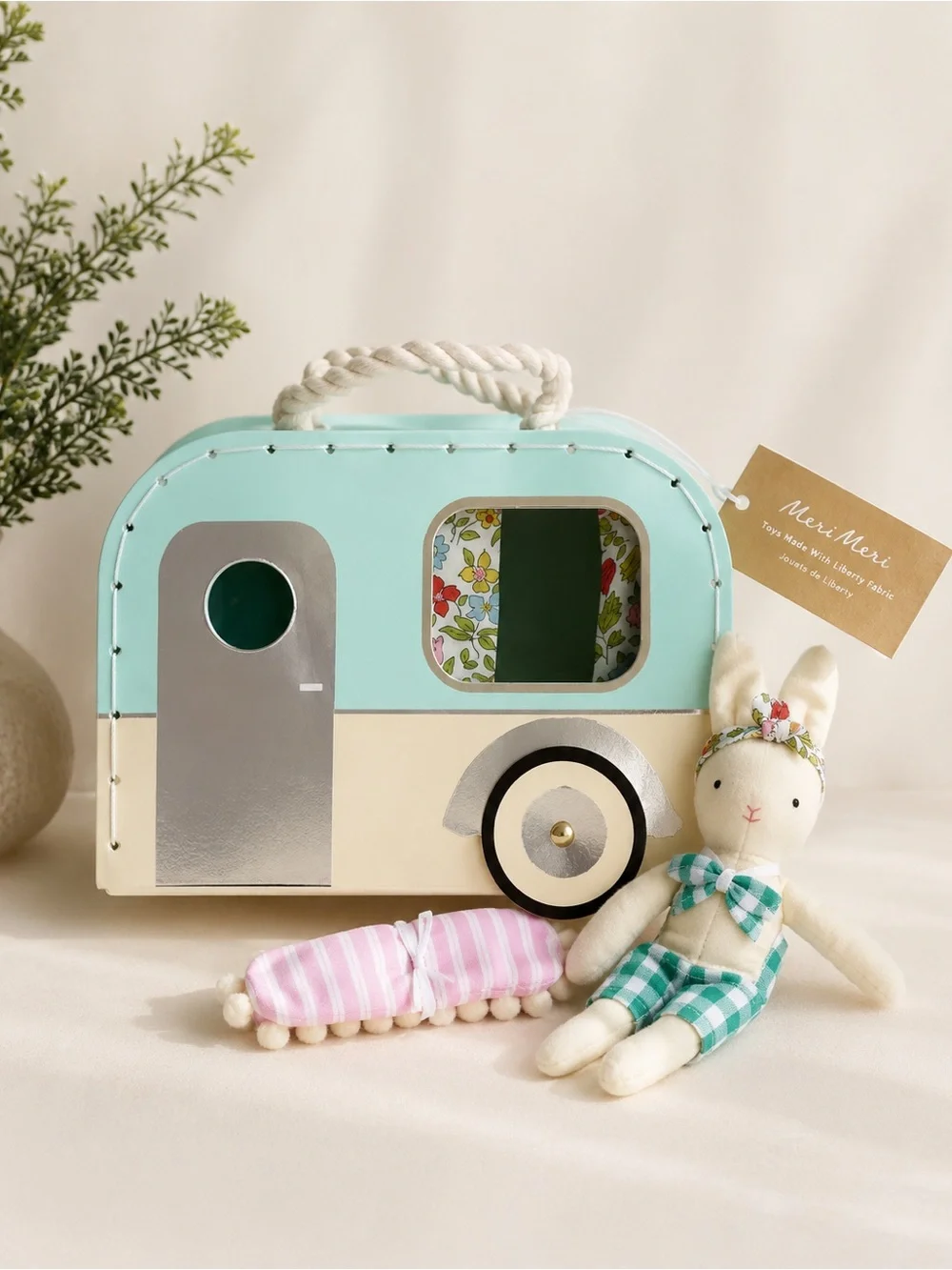 Meri Meri Mint, Cream & Silver Toy Caravan with Bunny and Pink Caterpillar